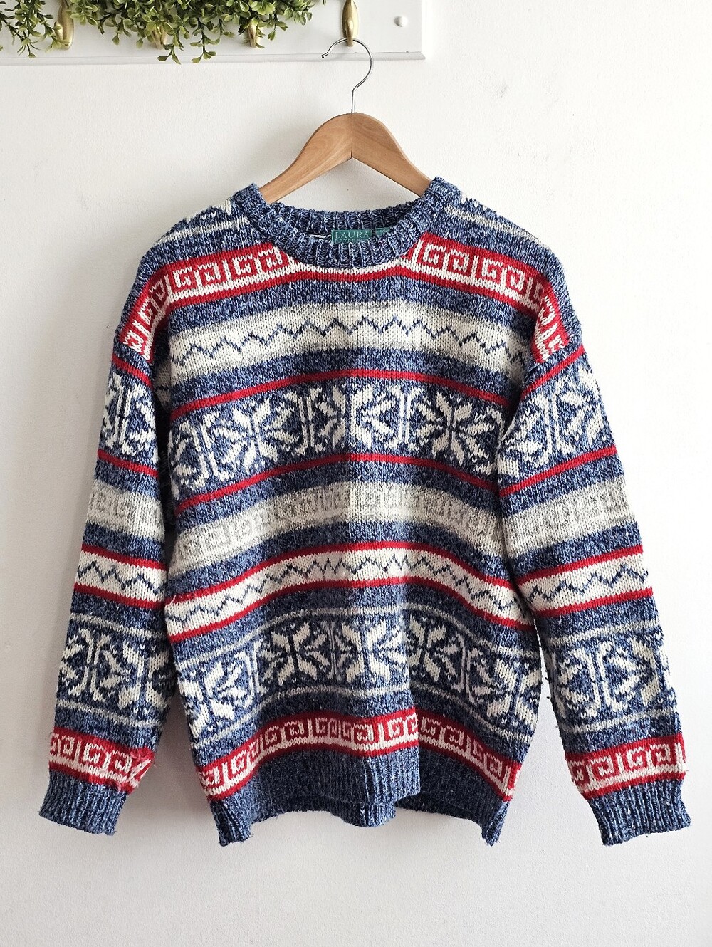 Vintage Laura Peterson Nordic Fair Isle Snowflake Sweater Blue Red Wool Blend